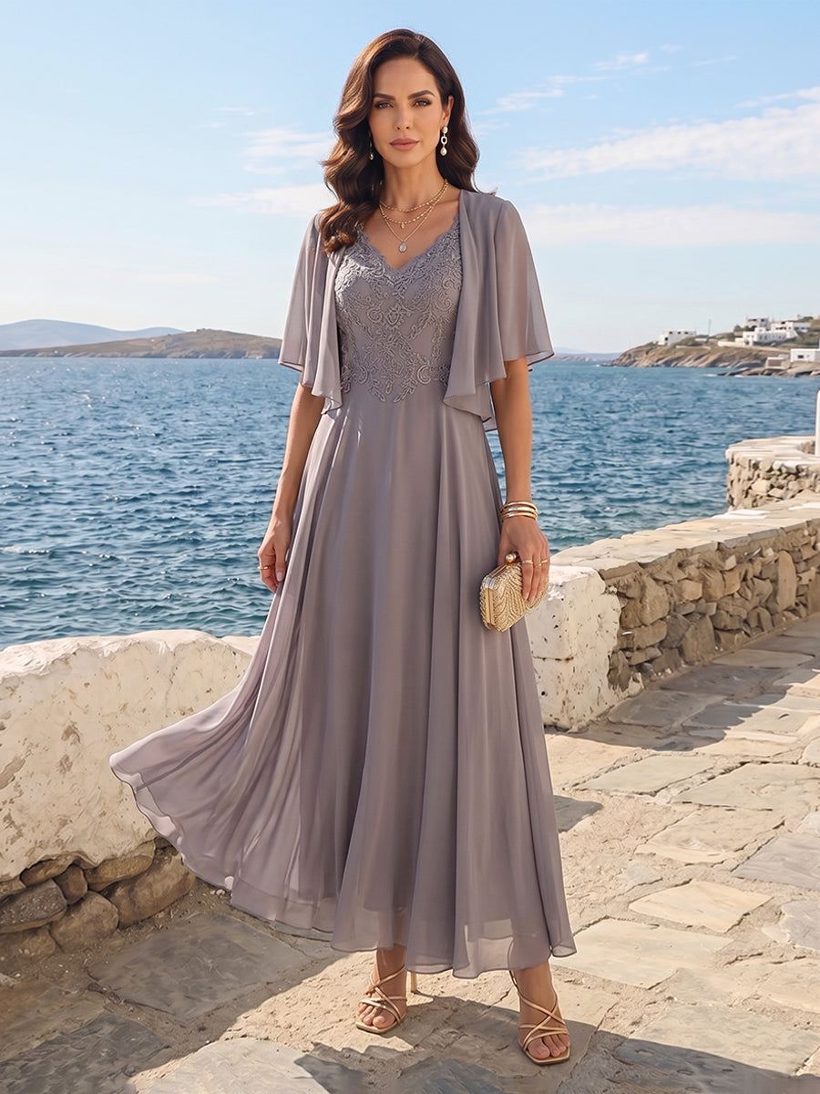 2026 Chiffon Mother of the Groom Dresses A-Line V-Neck Short Sleeves Ankle-Length Formal Wedding Guest Gowns with Applique & Jacket