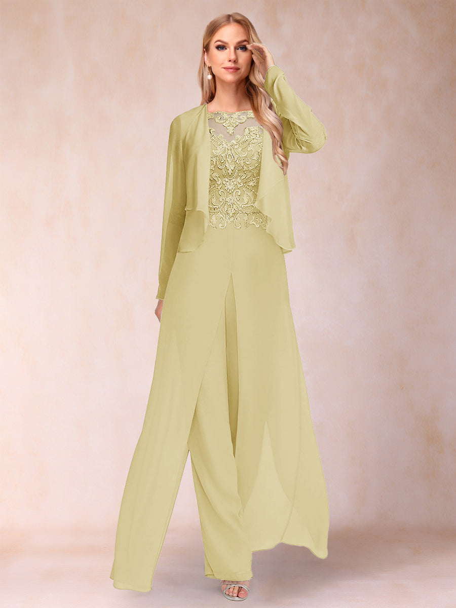 Sheath/Column Scoop Long Sleeves 2 Pieces Pantsuits with Applique & Jacket