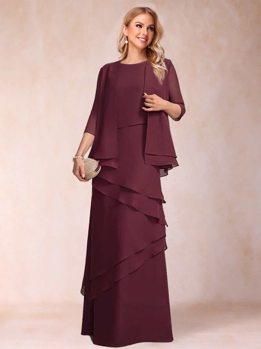 Cabernet 2 Pieces Mother of the Bride Dress Tiered Chiffon Sheath/Column Scoop 3/4 Sleeves Long Evening Gowns with Jacket