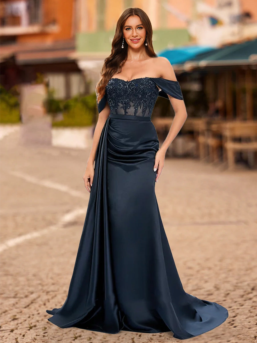 Lavetir Teal Trumpet/Mermaid Off-the-Shoulder Short Sleeves Sequins Prom Dresses 2026