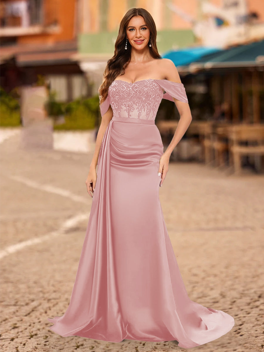 Trumpet/Mermaid Off-the-Shoulder Short Sleeves Sequins Prom Dresses