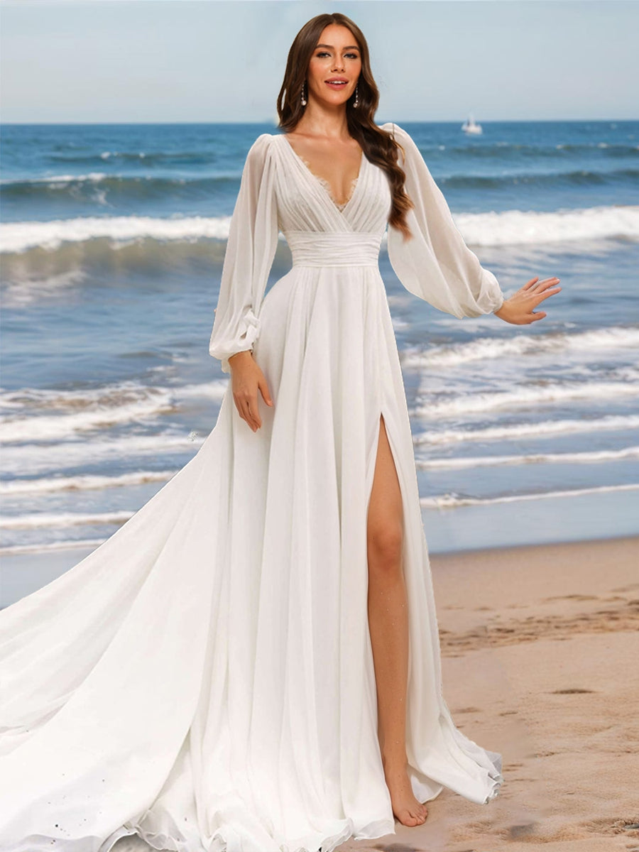 Lavetir Chiffon Bridal Dresses 2026 Elegant A-Line Deep V-Neck Long Sleeves Floor-Length Formal Wedding Party Gowns with Split Side