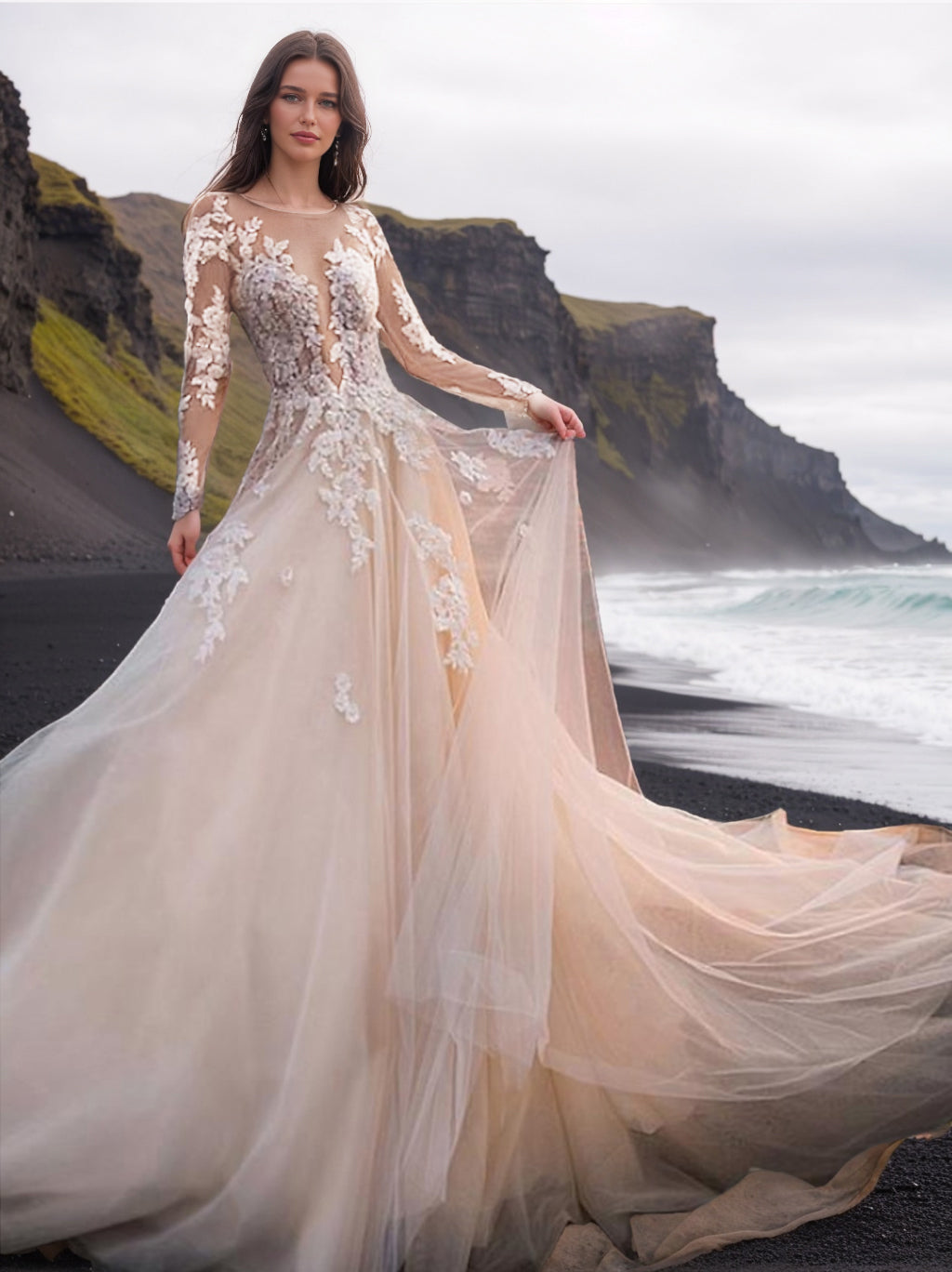 Tulle Formal Wedding Dresses Women's Appliques Ball Gown Sheer Neck Long Sleeves Gorgeous Floor-Length Bridal Ball Gowns