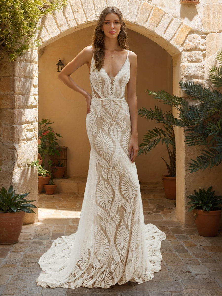 Lace Appliques Bridal Wedding Dresses Ivory Mermaid/Trumpet V-Neck Spaghetti Straps Sleeveless Long Elegant Beach Wedding Gowns
