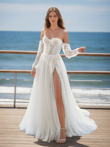 A-Line/Princess Strapless Long Sleeves Split Side Wedding Dresses