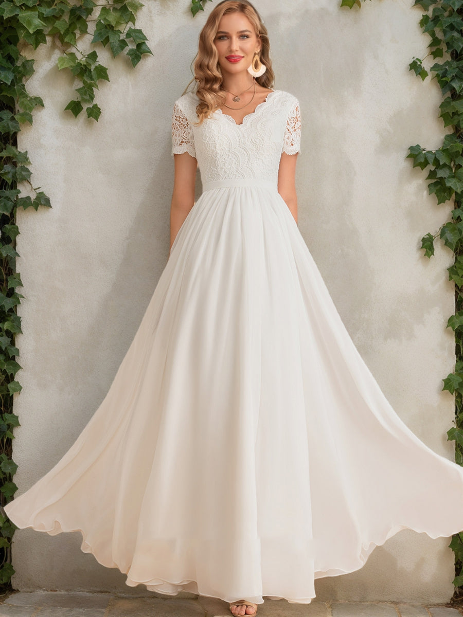 2026 White Bridal Wedding Dresses Lace A-Line V-Neck Short Sleeves Floor-Length Elegant Chiffon Formal Wedding Party Gowns