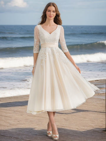 Ball Gown V-Neck Half Sleeves Lace Wedding Dresses