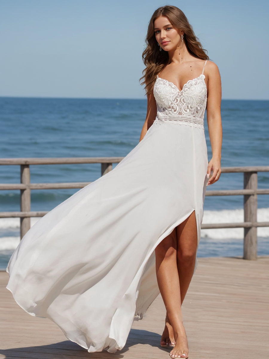 Bridal Wedding Dresses Women's A-Line V-Neck Spaghetti Straps Sleeveless Long Chiffon Beach Wedding Gowns with Applique & Split Side