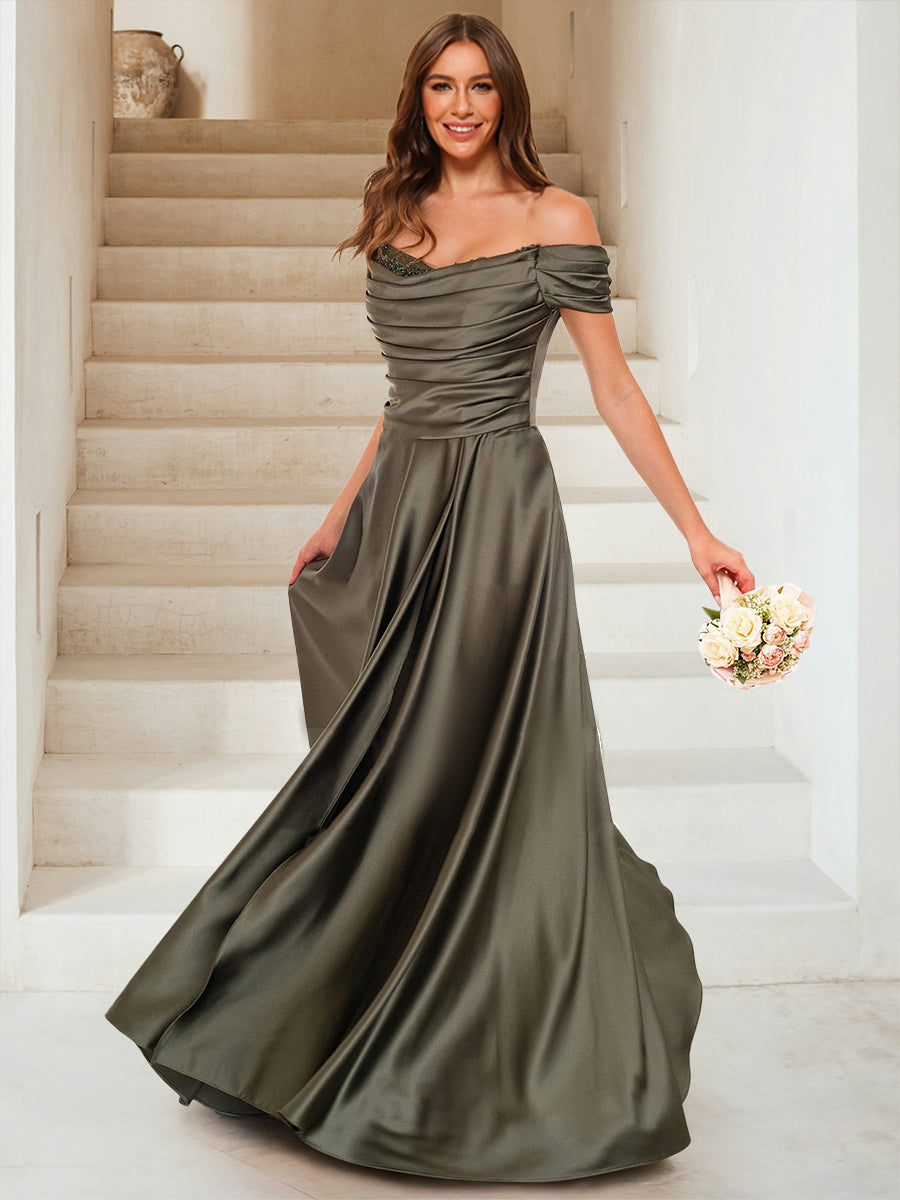 Off-the-Shoulder Bridesmaid Dresses 2026 Green Silk Satin A-Line Short Sleeves Long Formal Evening Gowns with Ruched & Beading