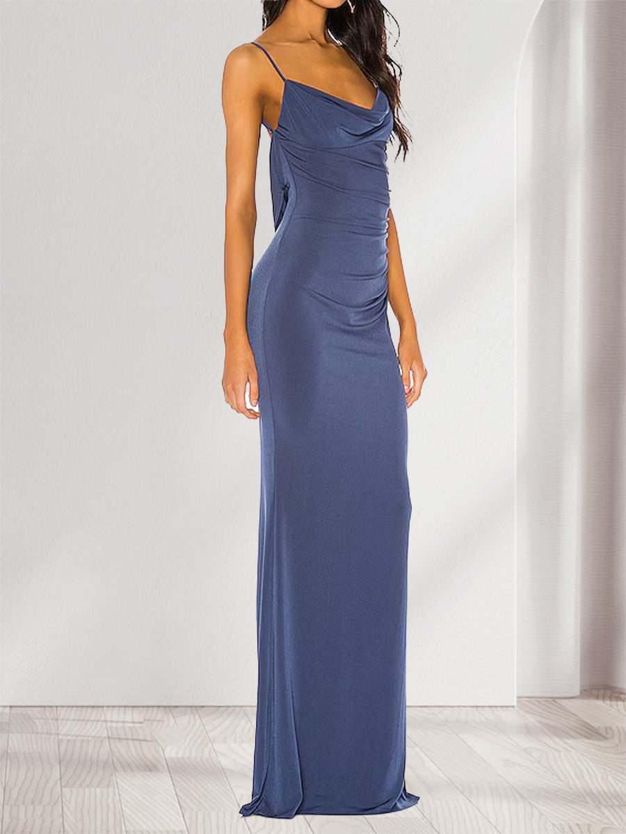 Sheath/Column Straps Cowl Neck Backless Floor-Length Long Bridesmaid Dresses with Lace