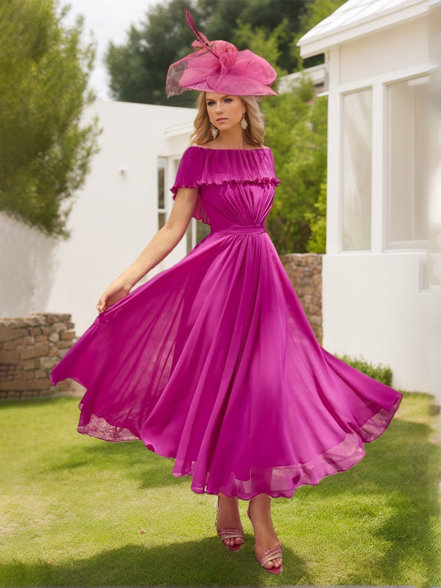 A-Line/Princess Boat Neck Ankle-Length Pleated Mother of the Bride Dresses with Ruffles