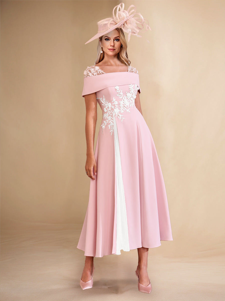 Lavetir Mother of the Bride Dresses Chic Women's A-Line Square Neck Short Sleeves Tea-Length Formal Evening Dresses with Appliques