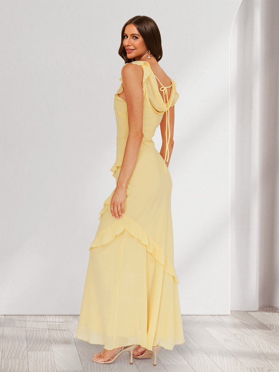 Sheath/Column Cowl Neck Sleeveless Ruffle Maxi Dresses Long Bridesmaid Dresses