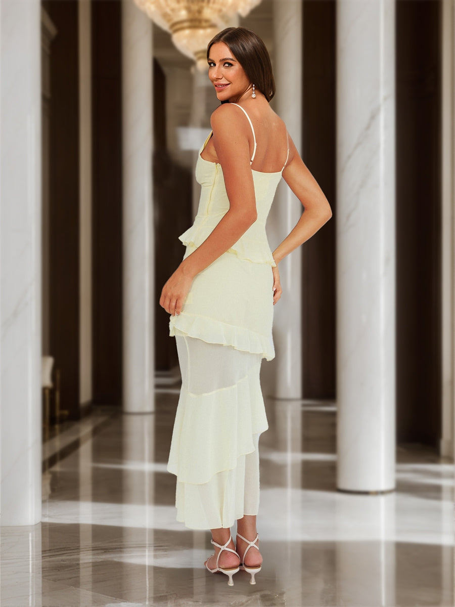 Sheath/Column Straps V-Neck Rosette Maxi Dress Long Prom Dresses with Ruffles
