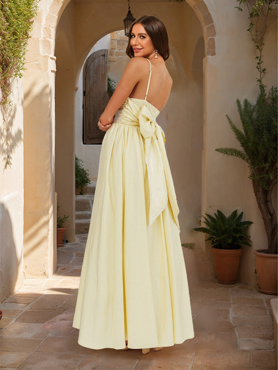 A-Line/Princess Straps Pleated Bow Back Maxi Dresses Long Prom Dresses