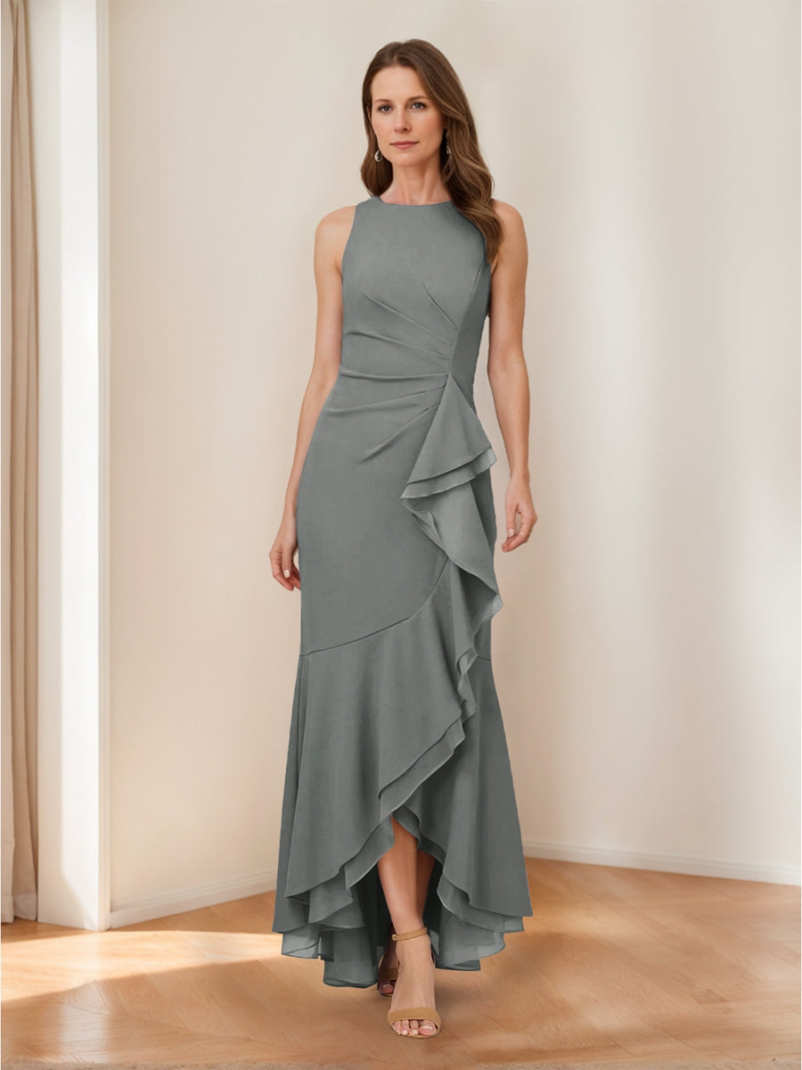 Trumpet/Mermaid Crew Neck High Low Ruched Mother of the Bride Dresses with Ruffles