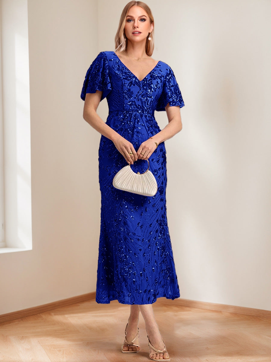 Trumpet/Mermaid V-Neck Short Ruffle Sleeves Ankle-Length Mother of the Bride Dresses with Appliques