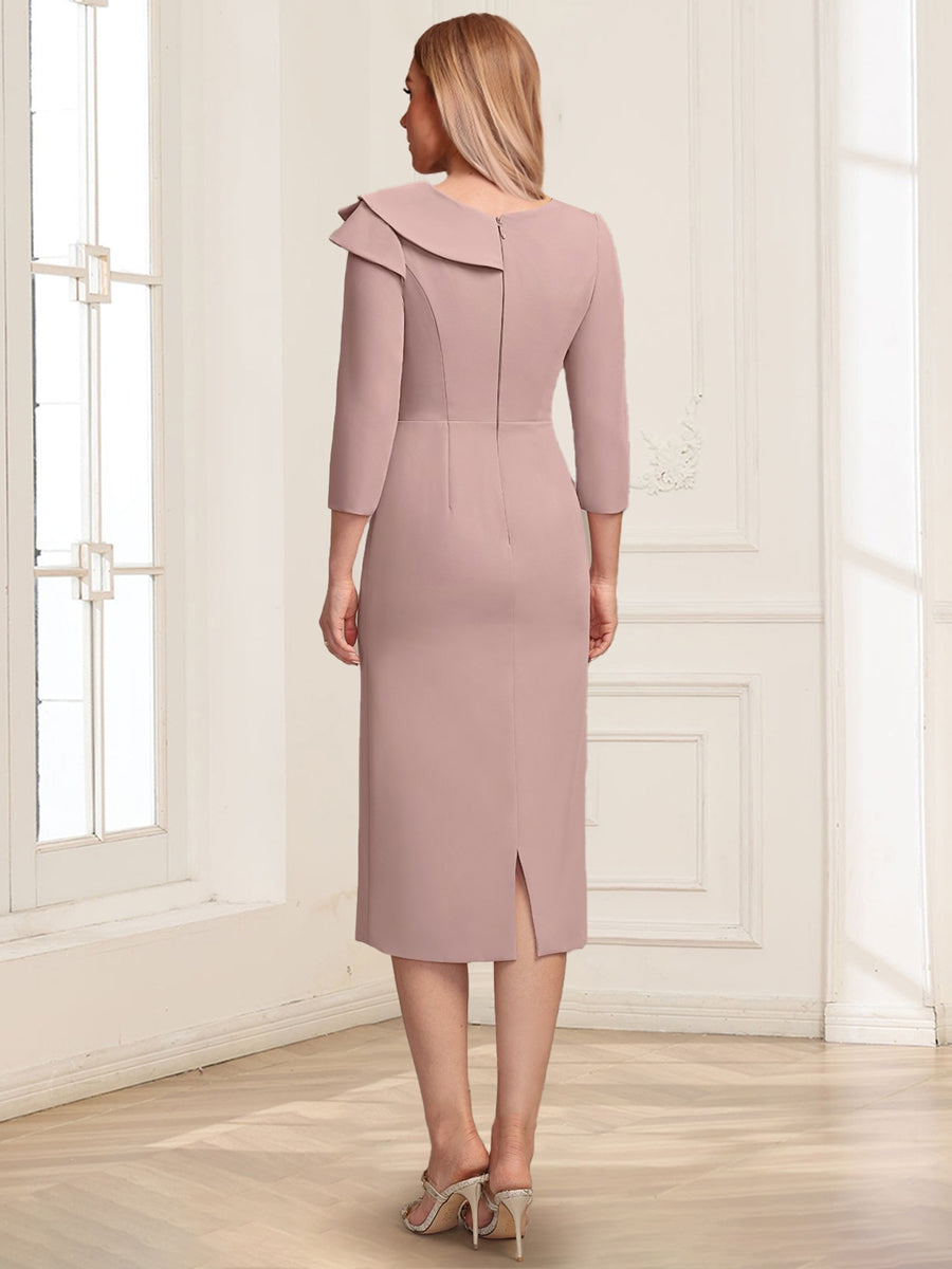 Sheath/Column Asymmetrical V-neck 3/4 Sleeves Tea-Length Mother of the Bride Dresses with Pleats & Beading
