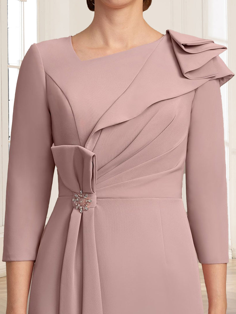 Sheath/Column Asymmetrical V-neck 3/4 Sleeves Tea-Length Mother of the Bride Dresses with Pleats & Beading