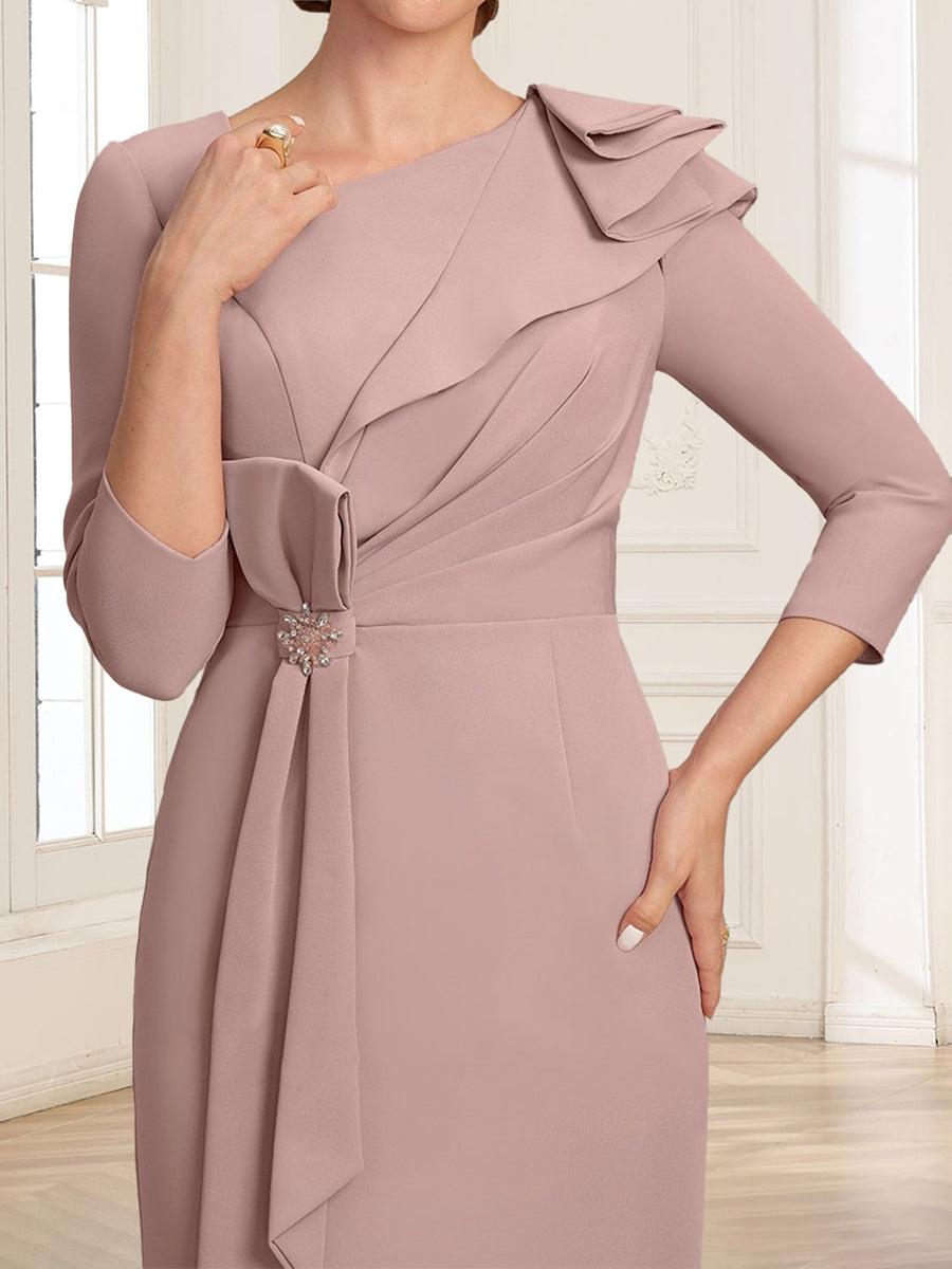 Sheath/Column Asymmetrical V-neck 3/4 Sleeves Tea-Length Mother of the Bride Dresses with Pleats & Beading