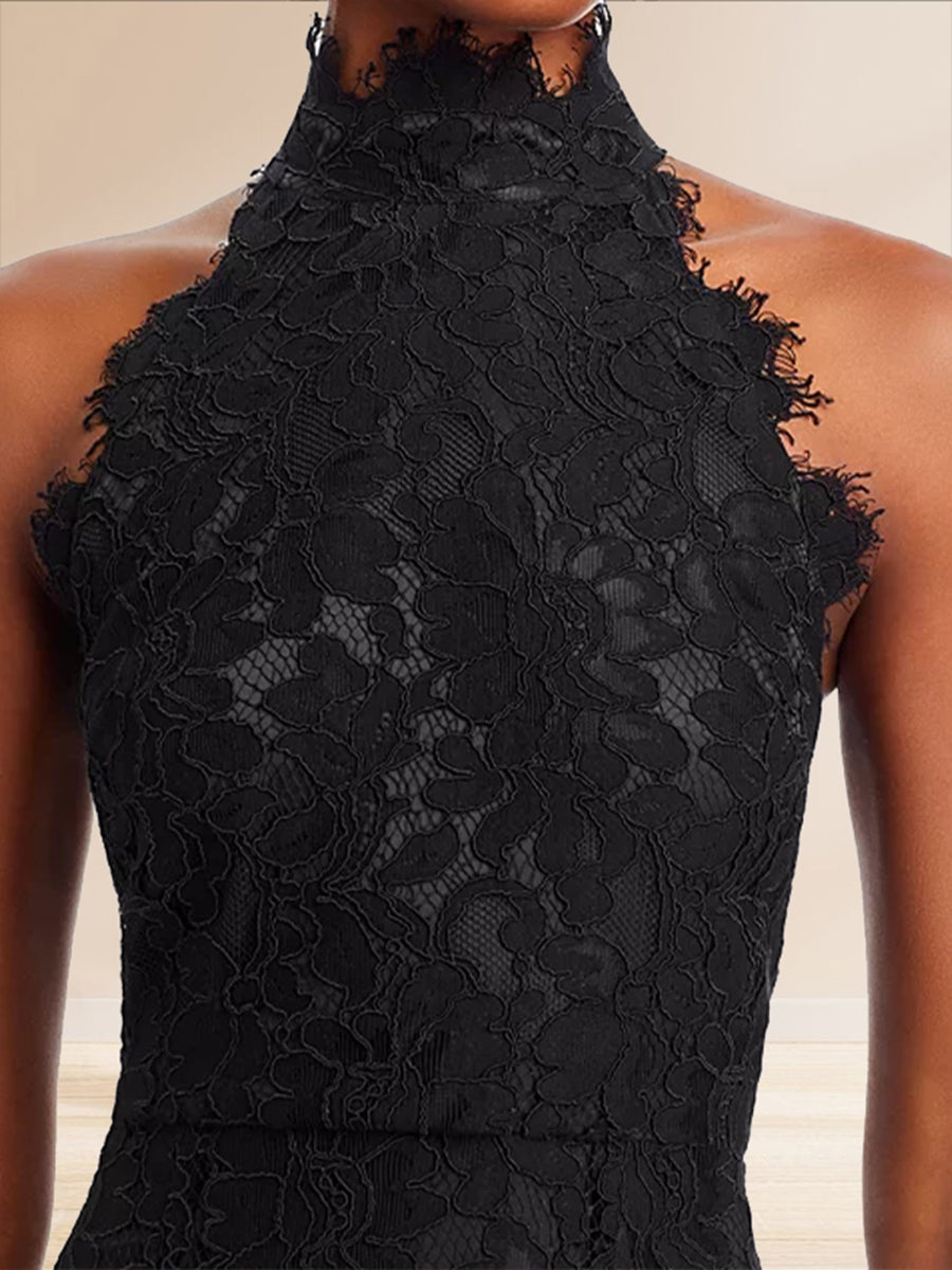 Sheath/Cloumn High Neck Lace Midi Cocktail Dresses with Back Slit