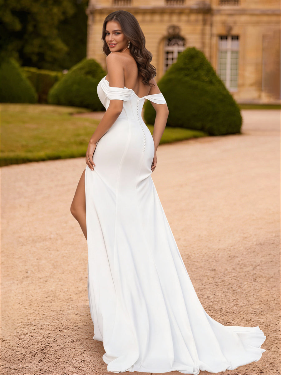 Sheath/Column Off-The-Shoulder Sweep Train Prom Dresses With High Split