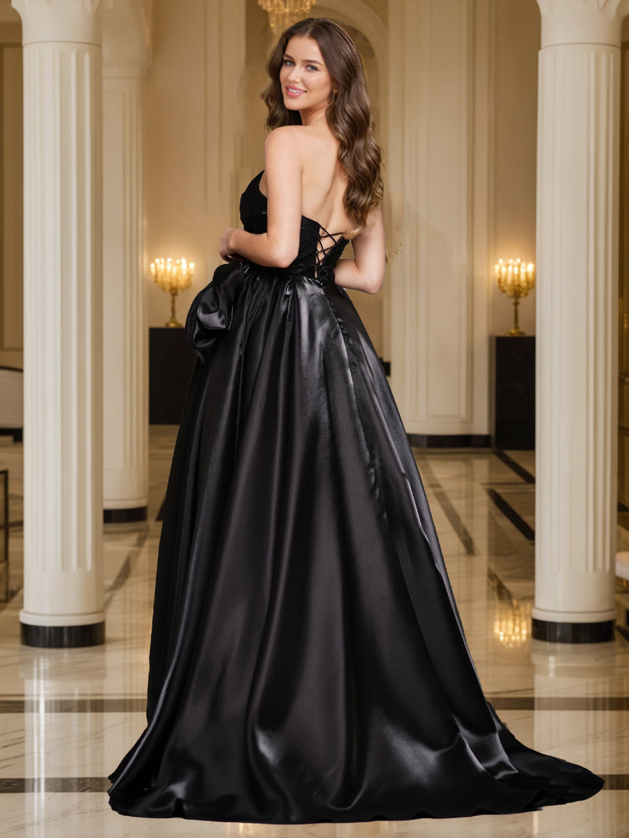Black A-Line/Princess Strapless Sweep Train Prom Dresses With Ruffles & Bow