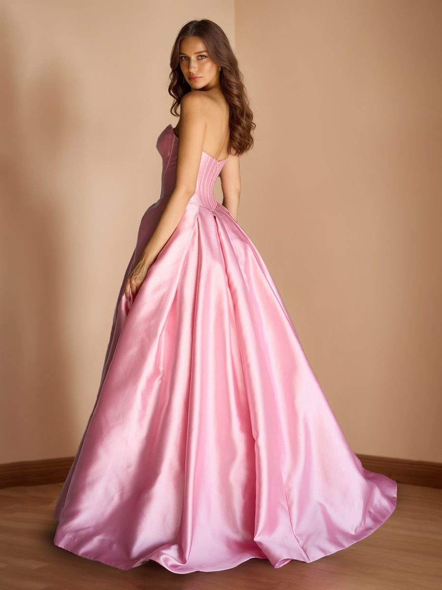 A-Line/Princess Strapless Sweep Train Prom Dresses With Ruffles & 3D Floral