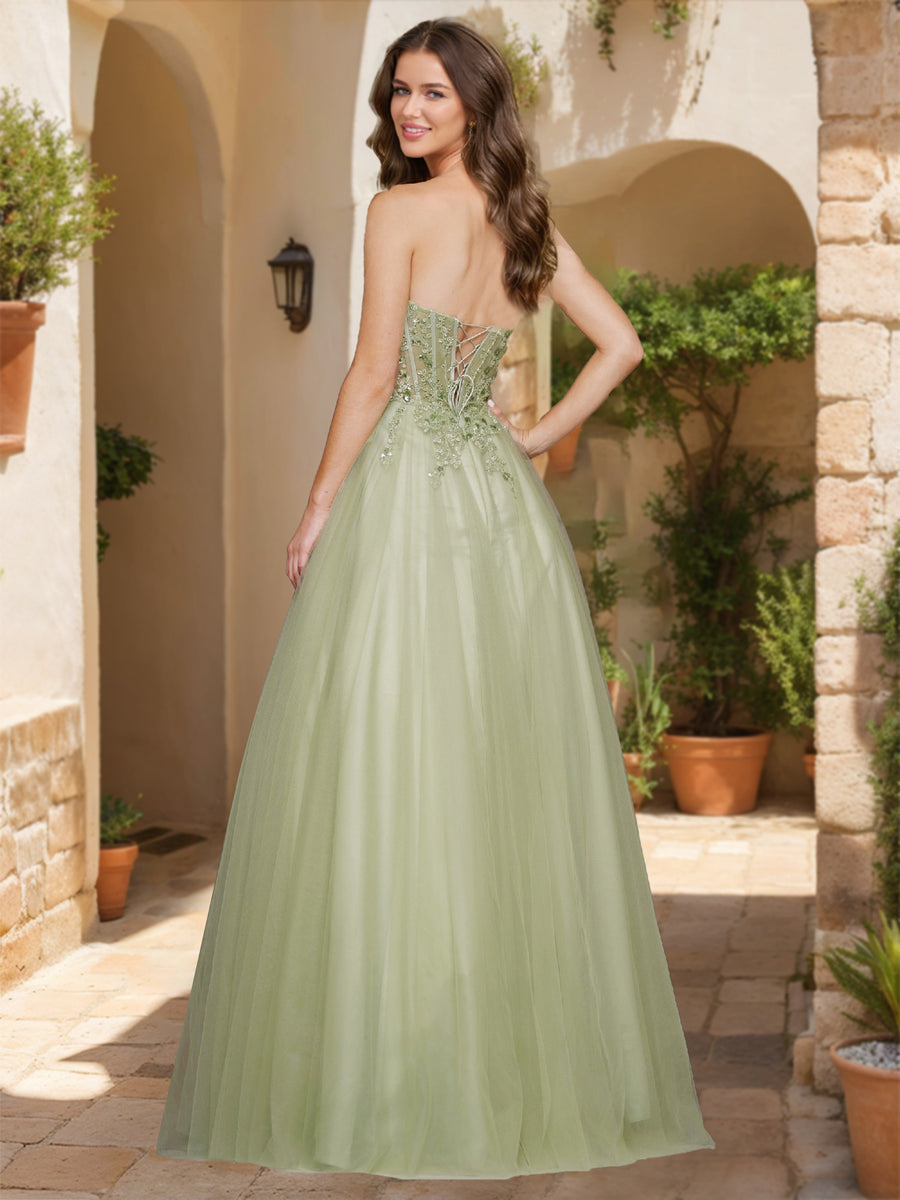 A-Line/Princess Strapless Floor-Length Prom Dresses With Appliques & Sequins