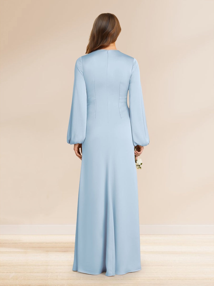 Sheath/Column V-Neck Long Sleeves Long Ruched Bridesmaid Dresses