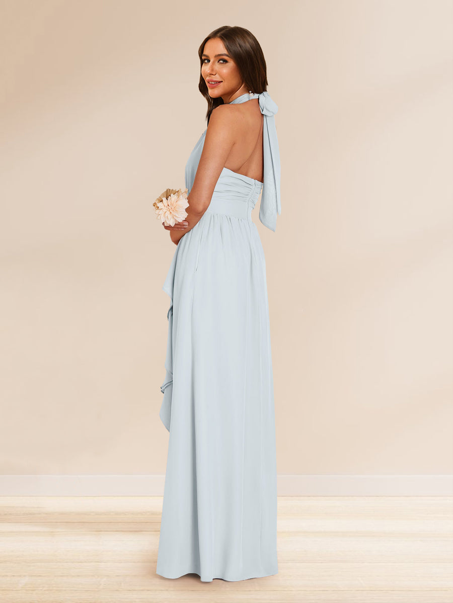 Chiffon A-Line/Princess Halter Bridesmaid Dresses with Split Side & Ruffles