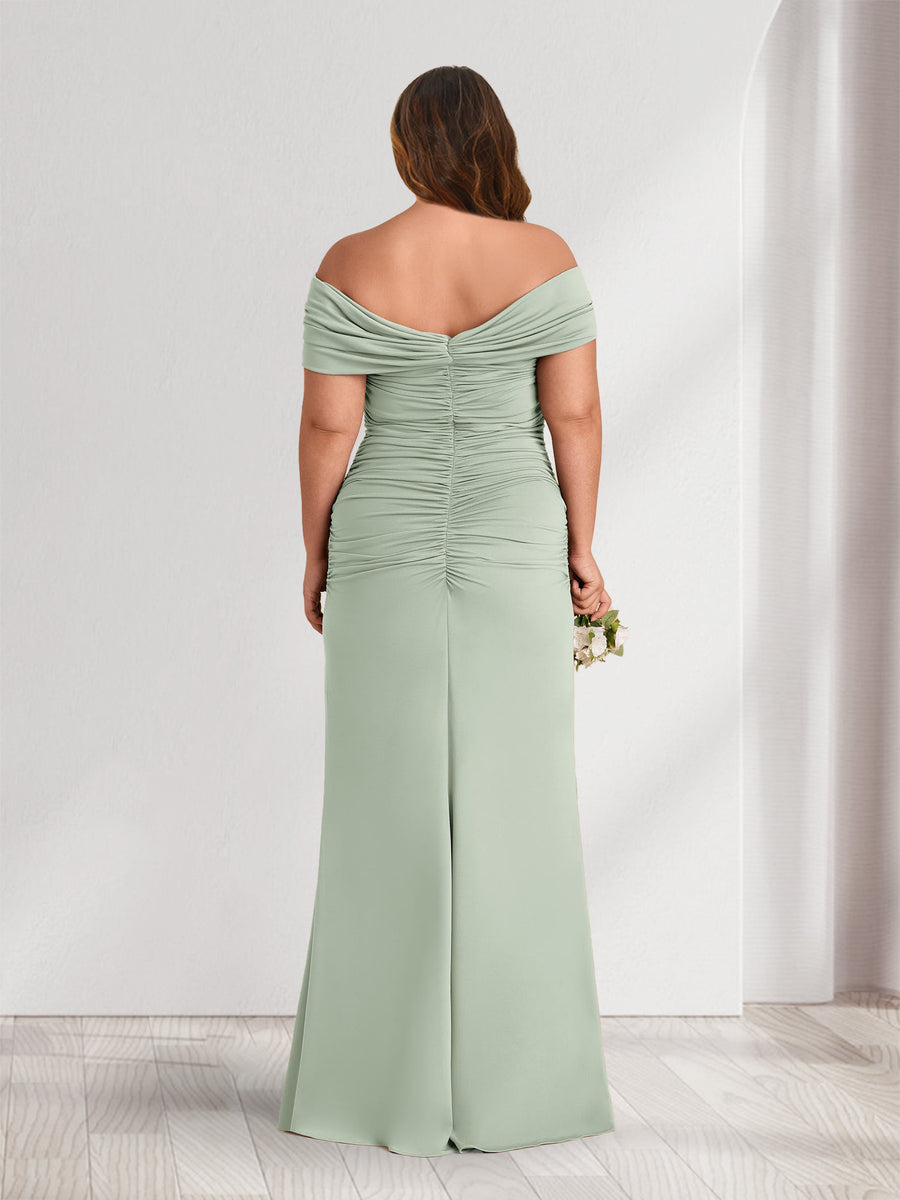 Sheath/Column Off-the-Shoulder Sleeveless Ruched Plus Size Bridesmaid Dresses with 3D Floral