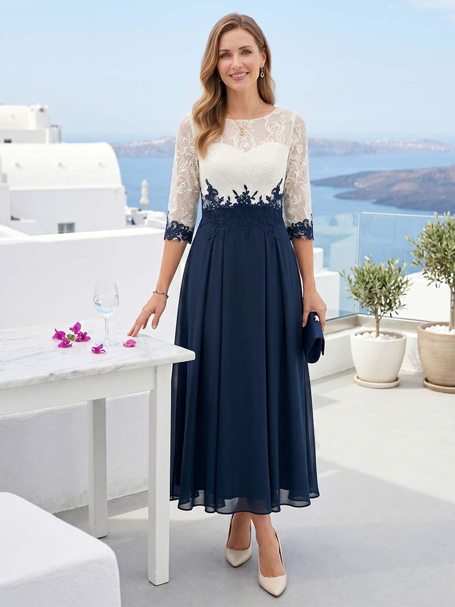 Lavetir Navy Blue A-Line/Princess Illusion Scoop Half Sleeves Tea-Length Mother of the Bride Dresses with Lace Appliques 2026