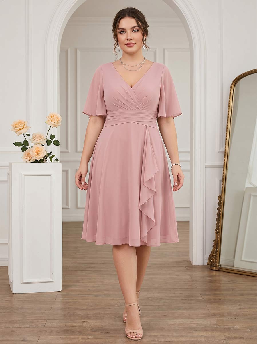 Lavetir A-Line/Princess V-Neck Short Sleeves Knee-Length Plus Size Bridesmaid Dresses with Ruffles 2026