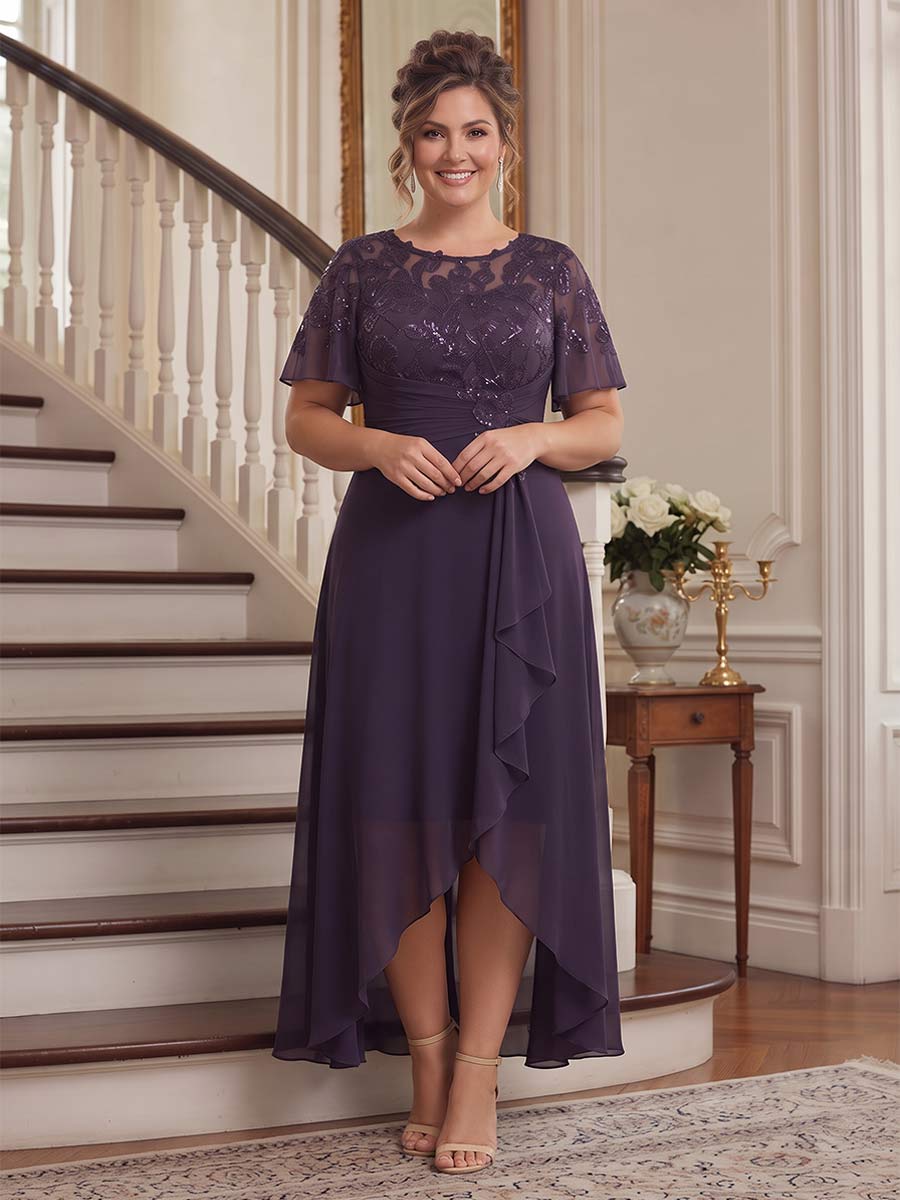Lavetir A-Line/Princess Scoop Flutter Sleeves Asymmetrical Plus Size Mother of the Bride Dresses with Sequins & Ruffles 2026