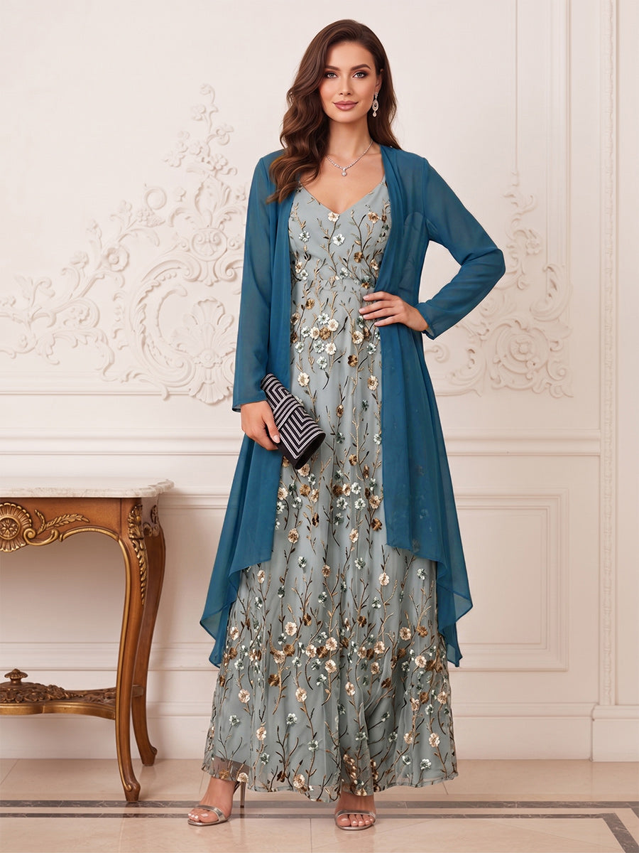 Lavetir A-Line/Princess V-Neck Long Sleeves Ankle-Length Mother of the Bride Dresses with Jacket & Applique 2026