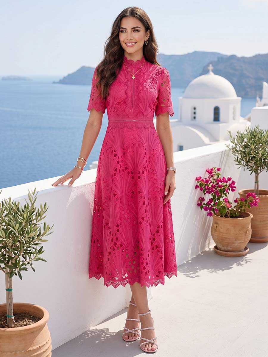 Lavetir A-Line/Princess High Neck Short Sleeves Tea-Length Wedding Guest Dresses with Ruched & Lace 2026