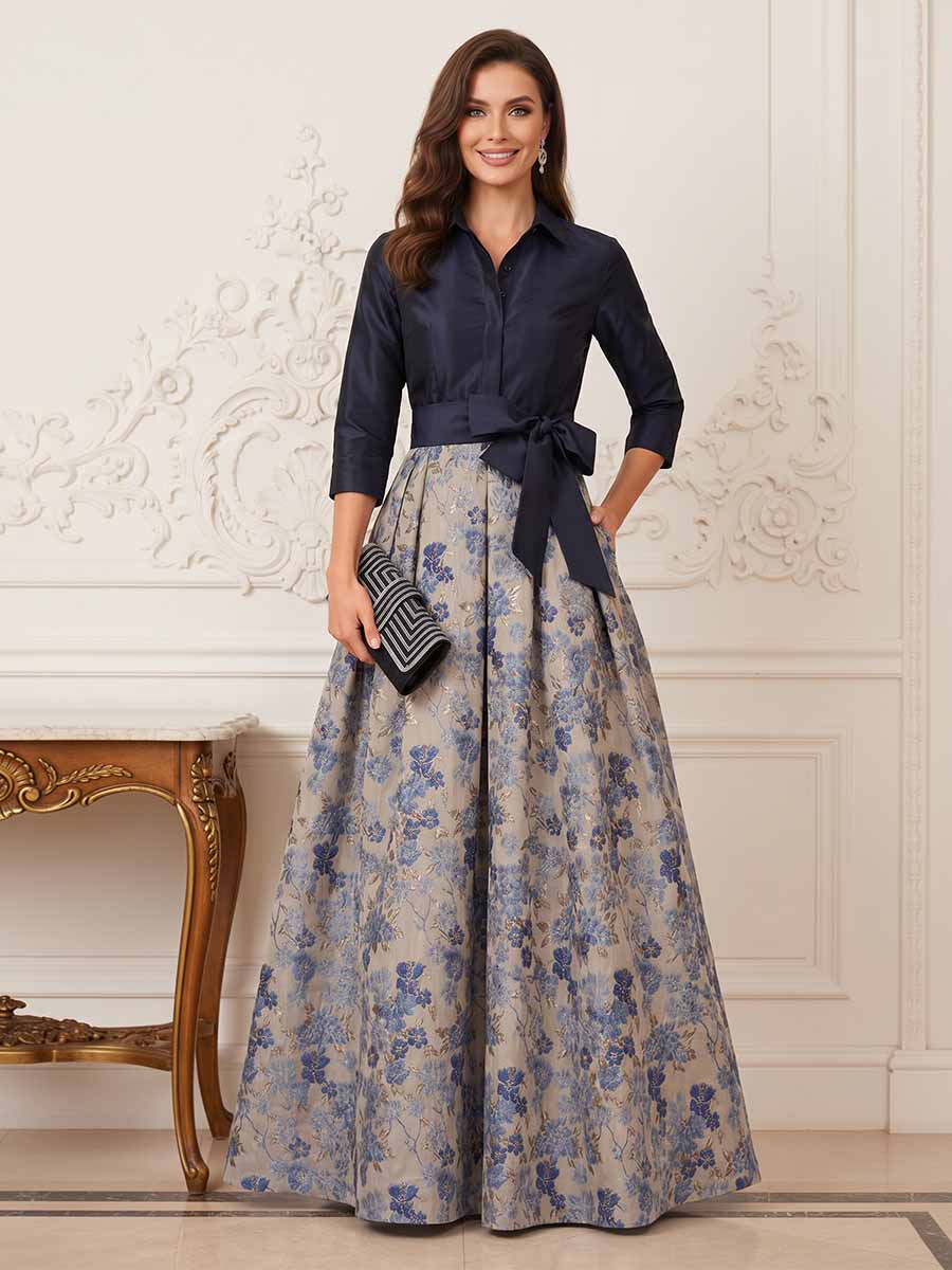 Lavetir A-Line/Princess 3/4 Sleeves Shirt Collar Floor-Length Mother Of The Bride Dresses With Bowknot 2026
