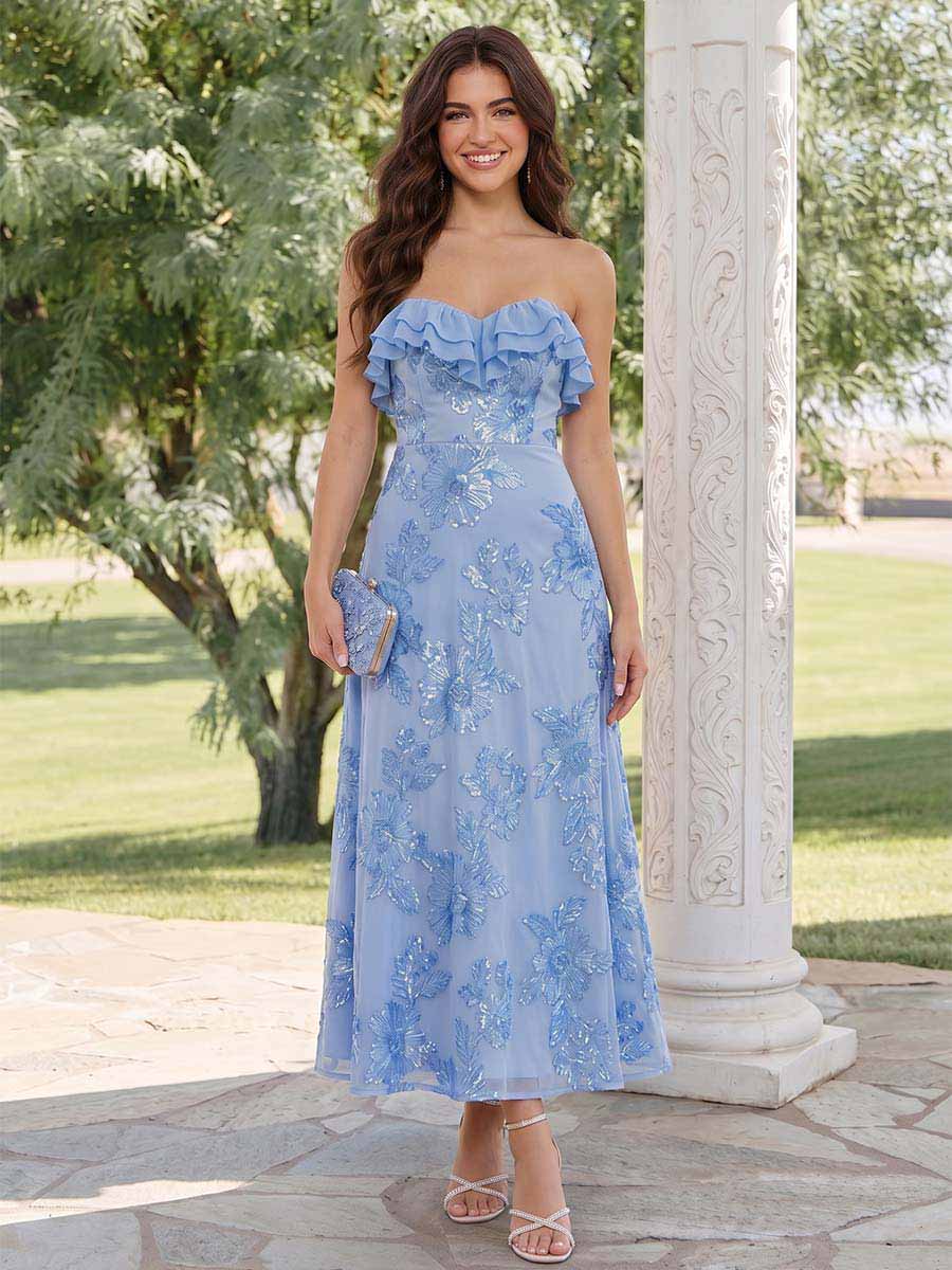 Lavetir A-Line/Princess Strapless Sleeveless Ankle-Length Wedding Guest Dresses with Ruffles & Applique 2026