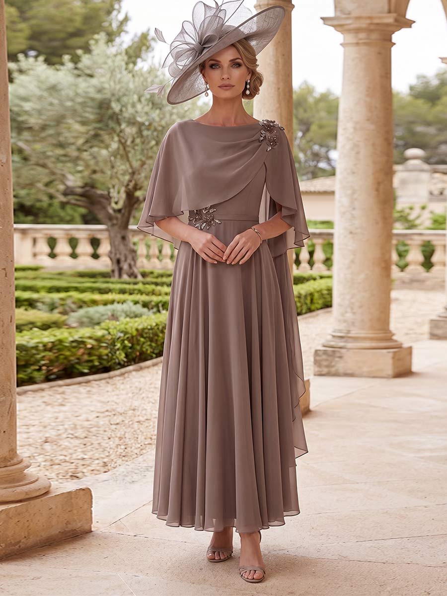 Lavetir A-Line/Princess Bateau Neck Short Sleeves Ankle-Length Mother of the Bride Dresses with Lace & Rhinestone 2026