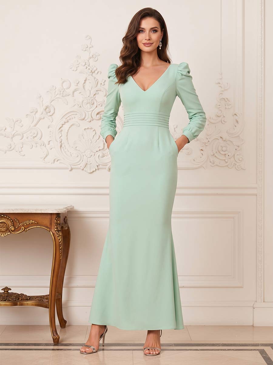 Lavetir Trumpet/Mermaid V-Neck Long Sleeves Ankle-Length Mother of the Bride Dresses with Pleats 2026