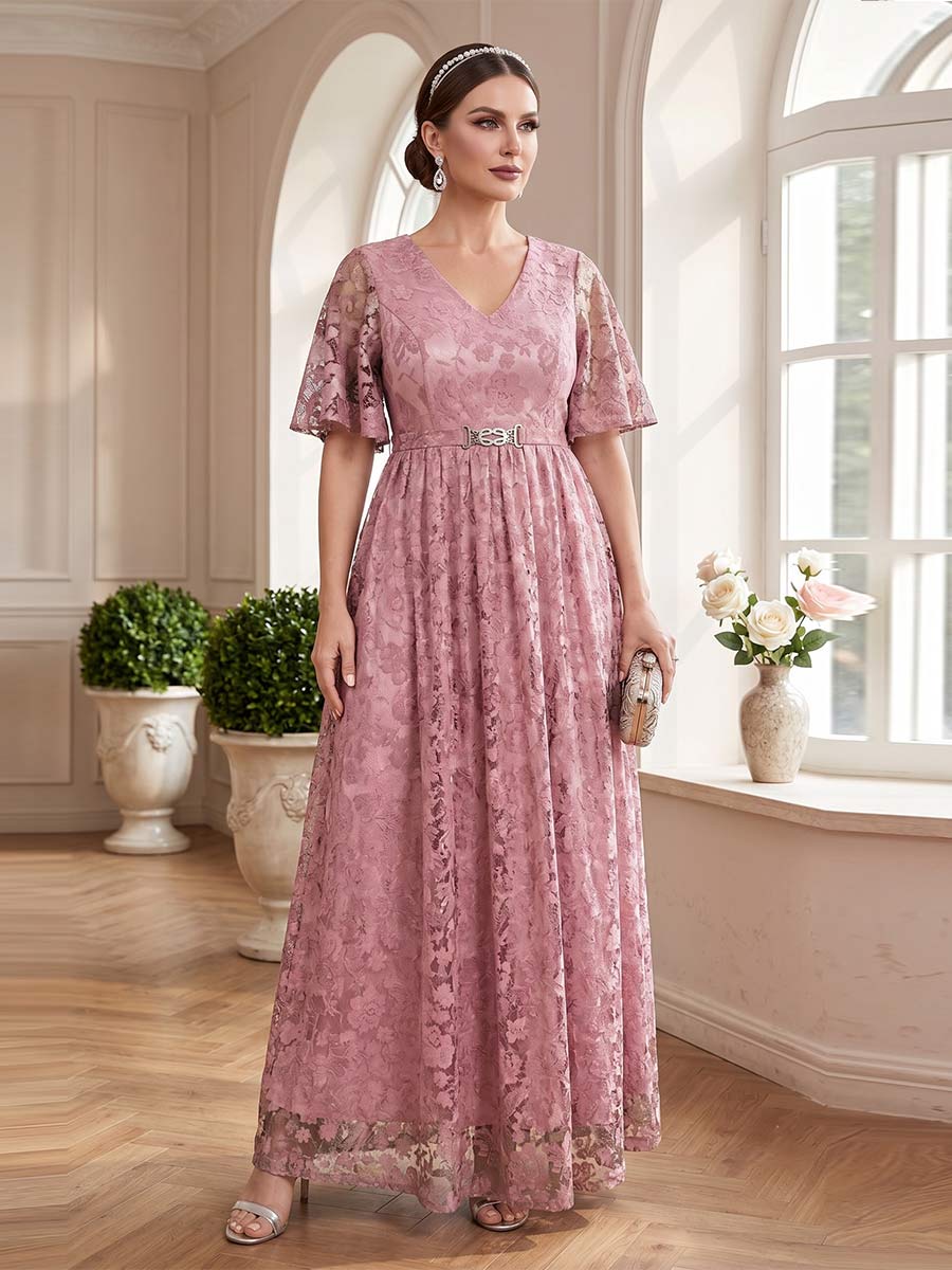 Lavetir A-Line/Princess V-Neck Short Sleeves Floor-Length Mother of the Bride Dresses with Lace & Sash 2026