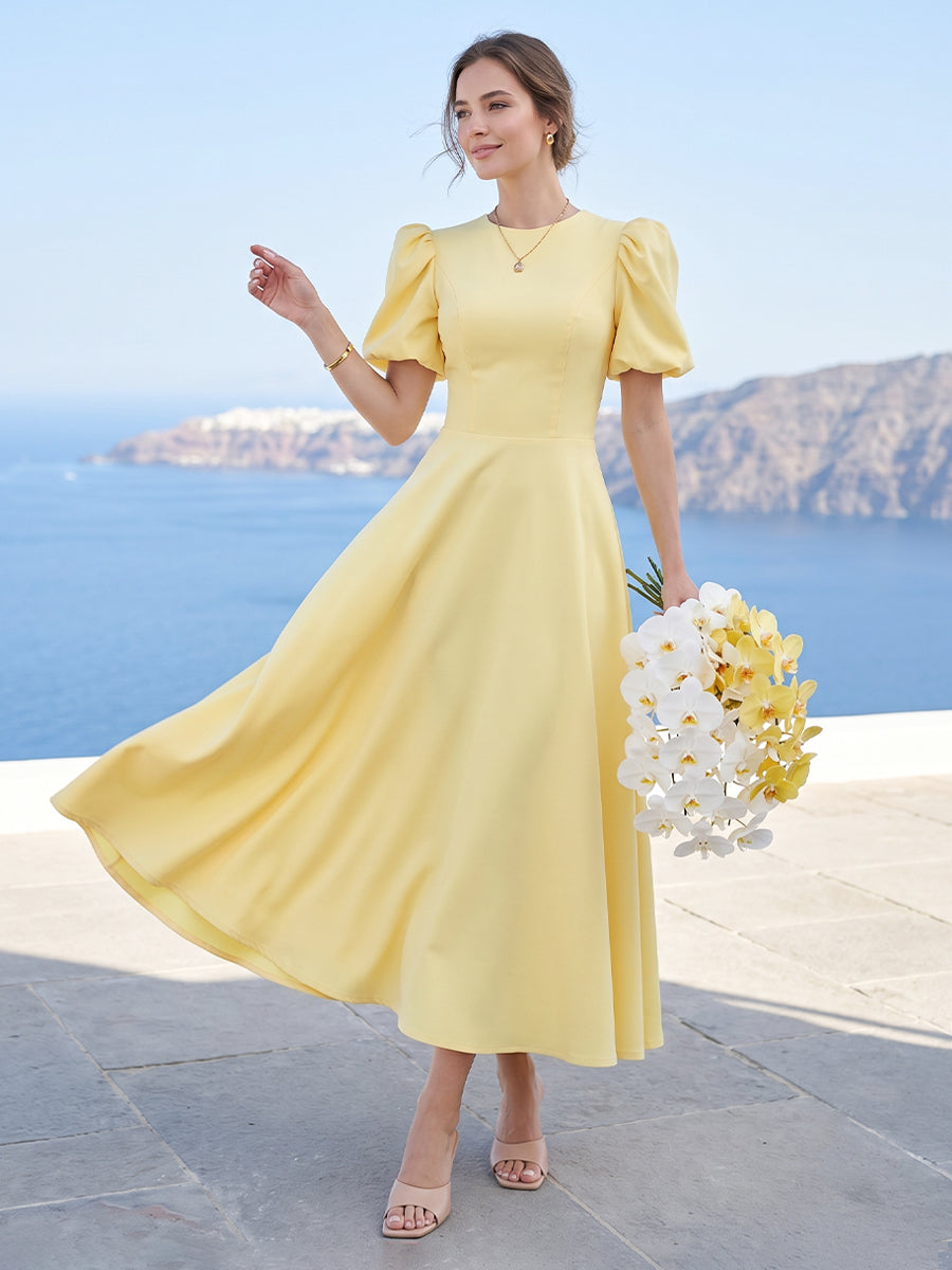 Lavetir A-Line/Princess Scoop Puff Sleeves Tea-Length Long Bridesmaid Dresses with Ruched 2026