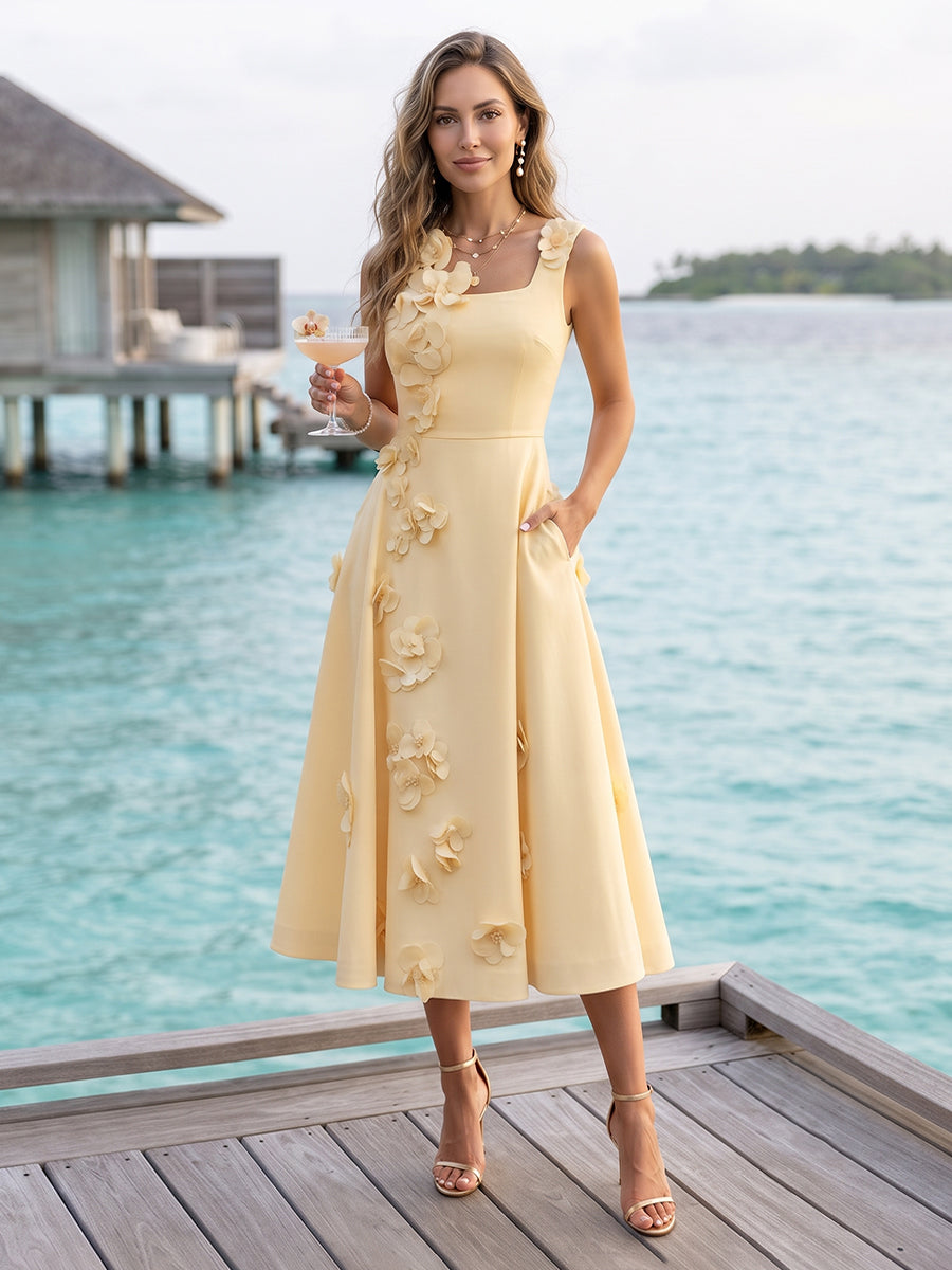 Lavetir A-Line/Princess Square Neck Sleeveless Tea-Length Cocktail Dresses With Ruched & 3D Floral 2026