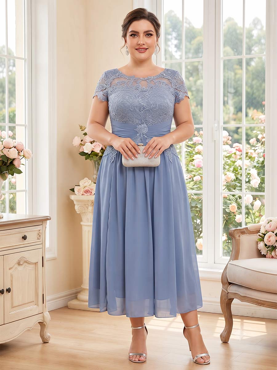 Lavetir A-Line/Princess Scoop Short Sleeves Tea-Length Plus Size Mother of the Bride Dresses with Applique & Ruched 2026