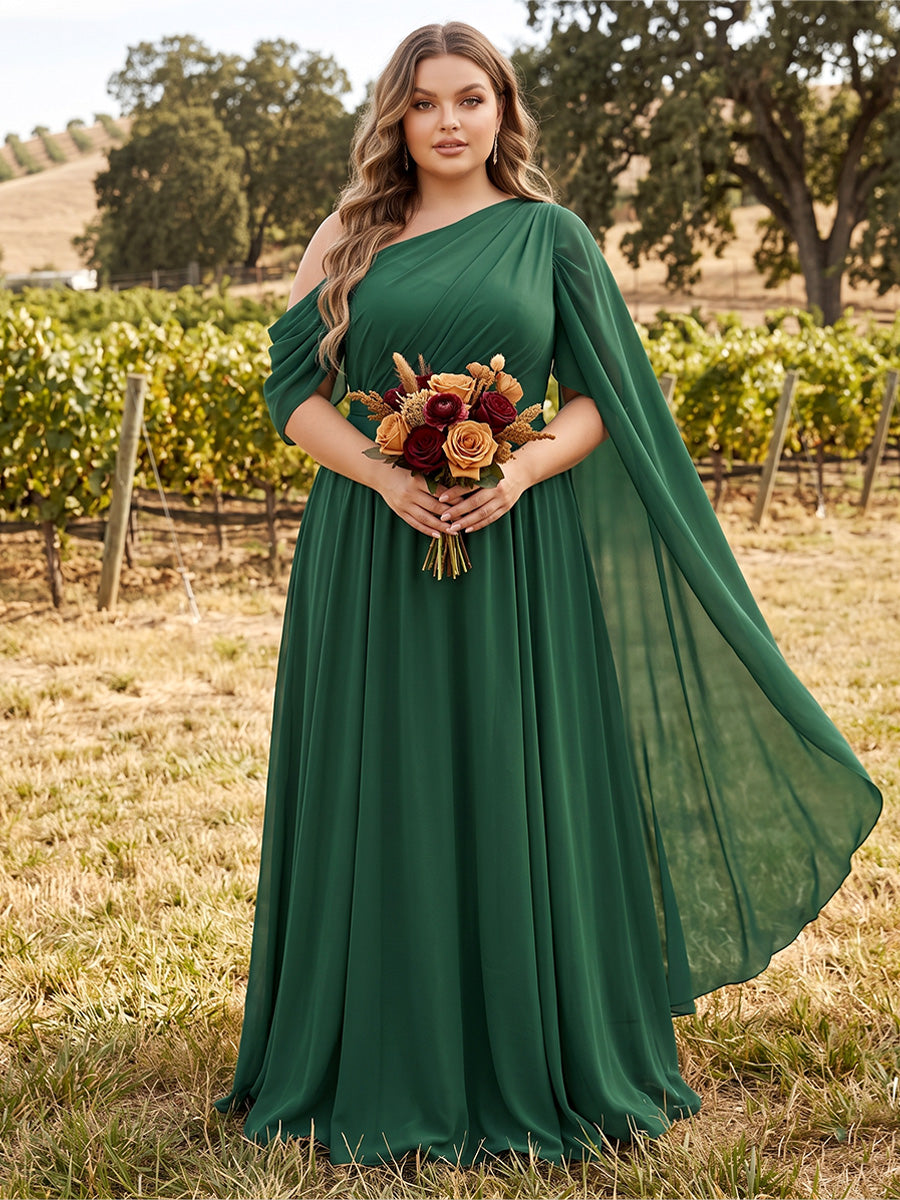 Lavetir Dark Green A-Line/Princess One-Shoulder Sleeveless Chiffon Floor-Length Plus Size Bridesmaid Dresses with Shawl 2026