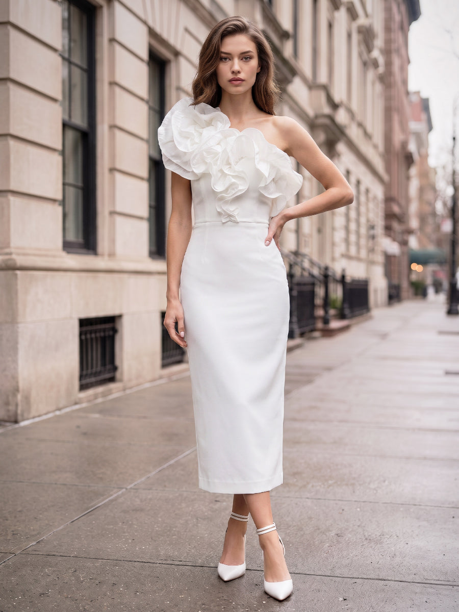 ankle length cocktail dresses for women Lavetir Sheath/Column Sleeveless One-Shoulder Ankle-Length With Ruffles 2026 Cocktail Dresses [color:IVORY BURNOUT]color:White Baby Shower Outfits | Size:S/US 4-6