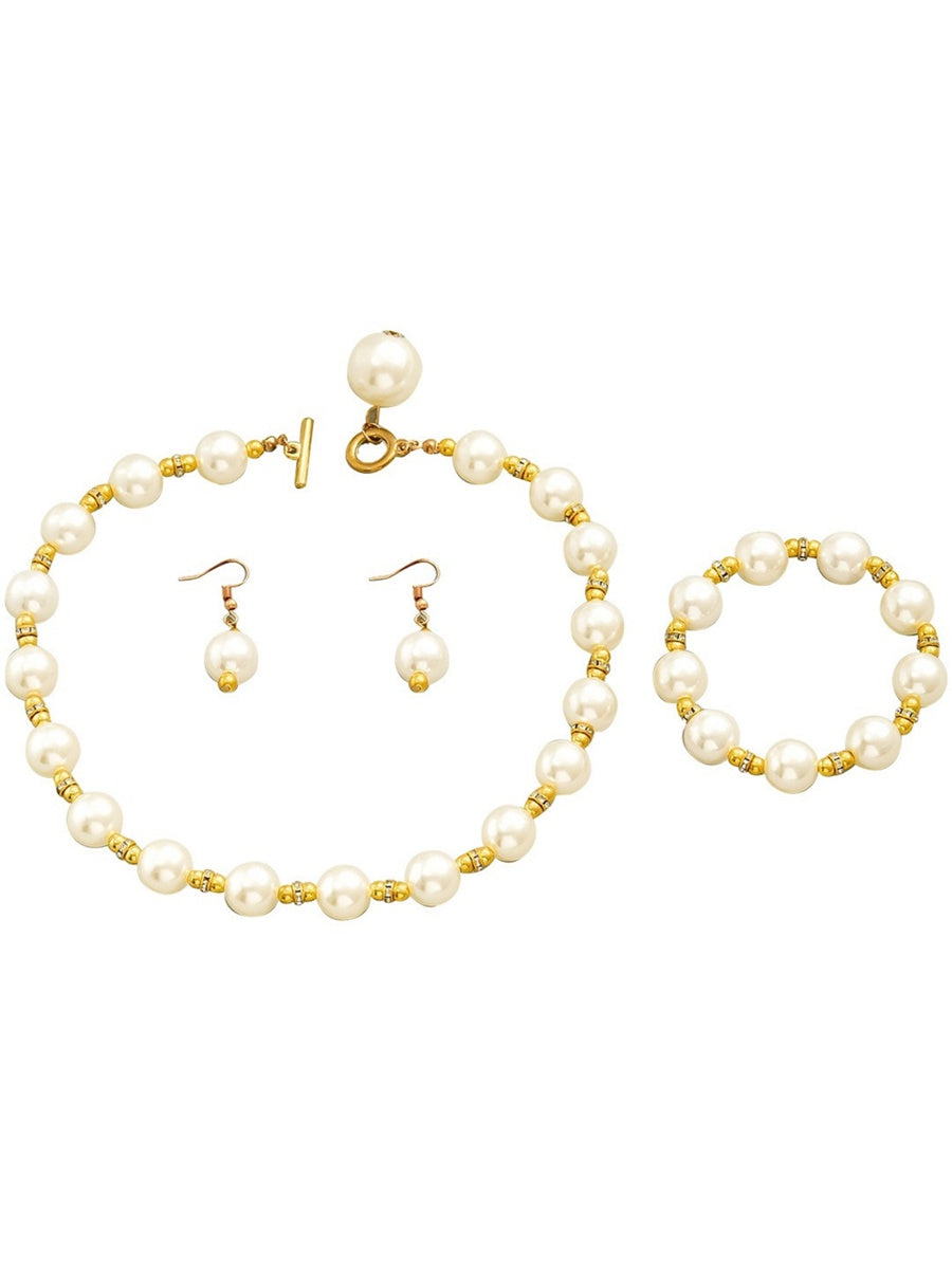 Women's High-End Necklace Earrings Bracelet Jewelry Set with Pearls