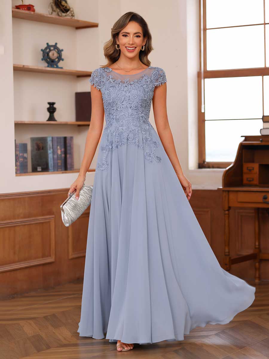 Lavetir Mother of the Bride Dresses Mist Blue A-Line/Princess Scoop Short Sleeves Chiffon with Applique 2026