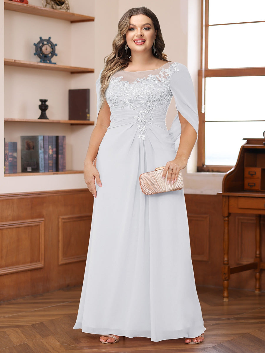 A-Line/Princess Illusion Scoop Appliques Ruched Plus Size Mother of the Bride Dresses with Cape
